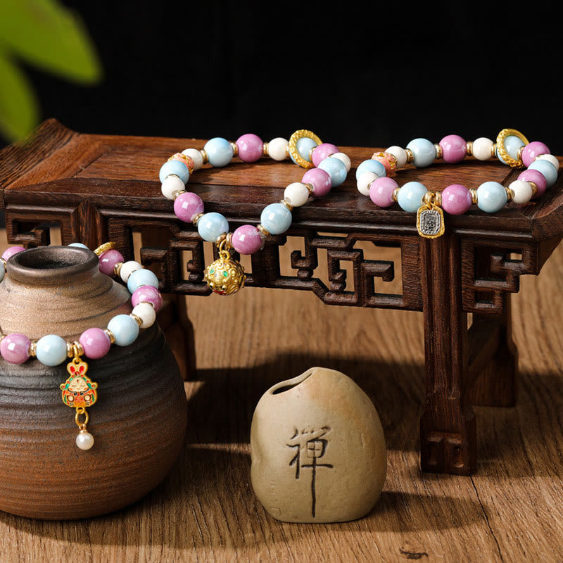 KarmaRipple's Tibetan Zakiram Goddess of Wealth Rabbit Lion Head Talisman Liuli Glass Incense Ash Porcelain Bead Protection Bracelet p10