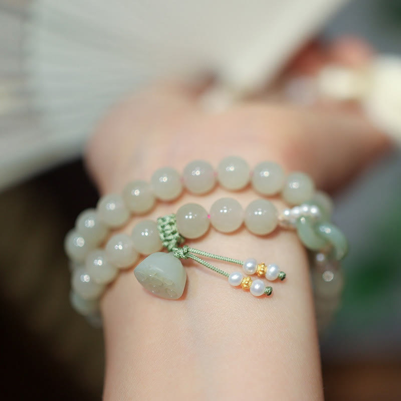 KarmaRipple's 925 Sterling Silver Hetian Jade Double Peace Buckle Lotus Fortune Double Wrap Bracelet p4