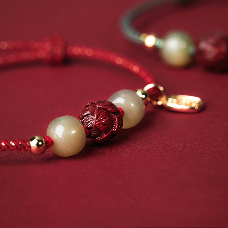 KarmaRipple's 14K Gold Plated Hetian Jade Cinnabar Lotus Fortune Handcrafted Rope Bracelet p7