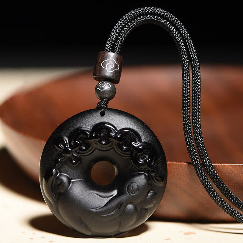 KarmaRipple's Chinese Zodiac Authentic Black Obsidian Peace Buckle Strength Pendant Necklace p29