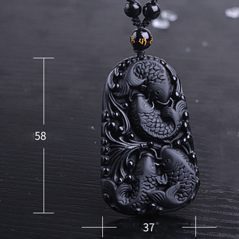KarmaRipple's Black Obsidian Koi Fish Engraved Strength Beaded Pendant Necklace p16