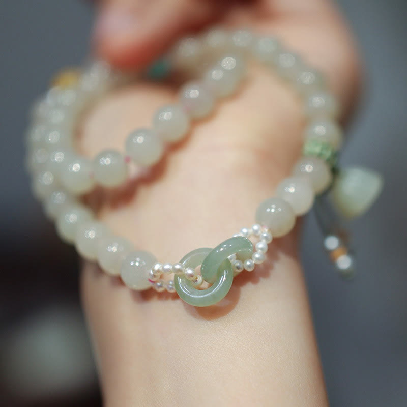 KarmaRipple's 925 Sterling Silver Hetian Jade Double Peace Buckle Lotus Fortune Double Wrap Bracelet p2